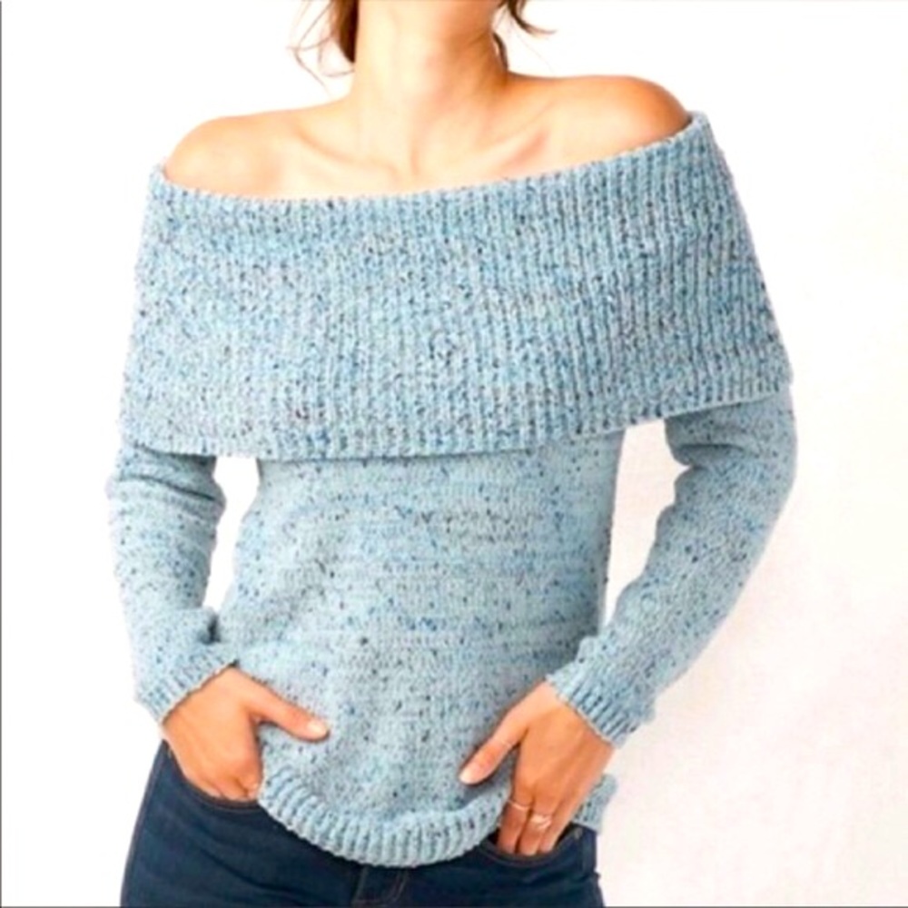 LC blue chenille off the shoulder sweater
